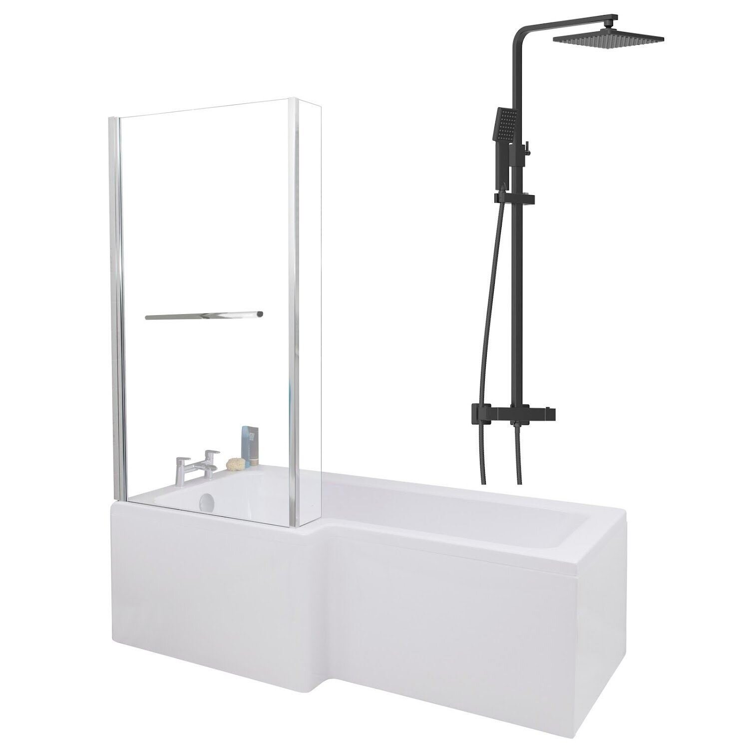 Bathroom L Shaped Shower Bath 1700mm LH Mixer Shower Screen Side End Panel White